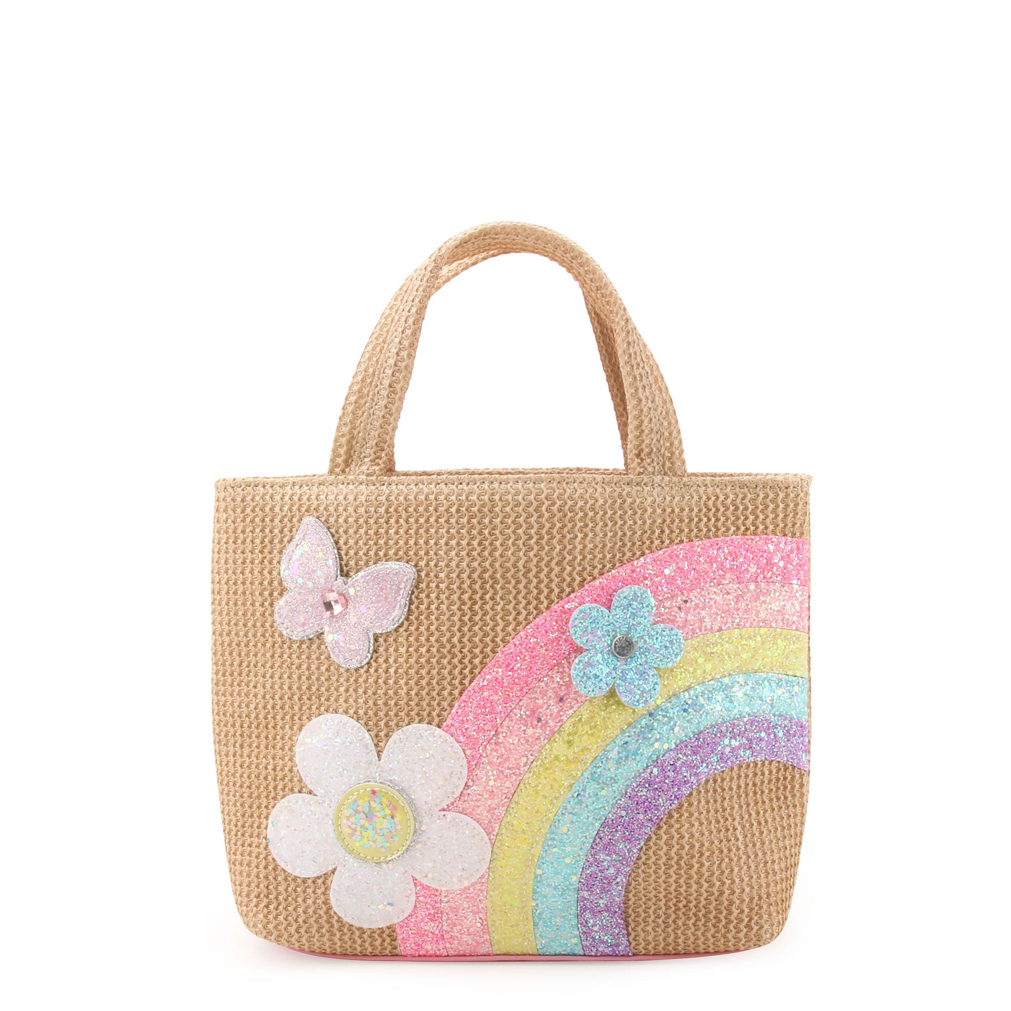 front view of a straw mini tote bag with glitter rainbow & daisy appliqués 