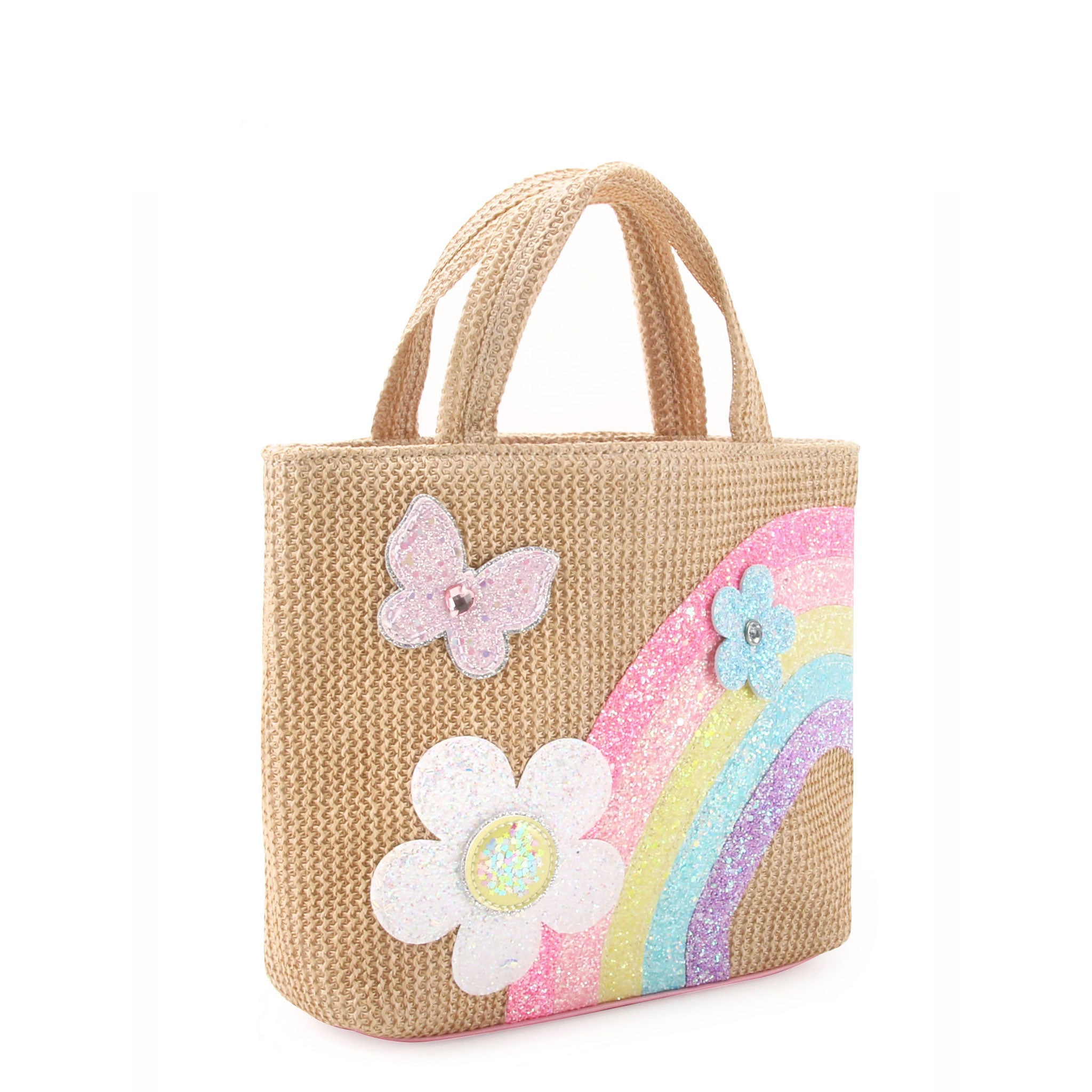 side  view of a straw mini tote bag with glitter rainbow & daisy appliqués 