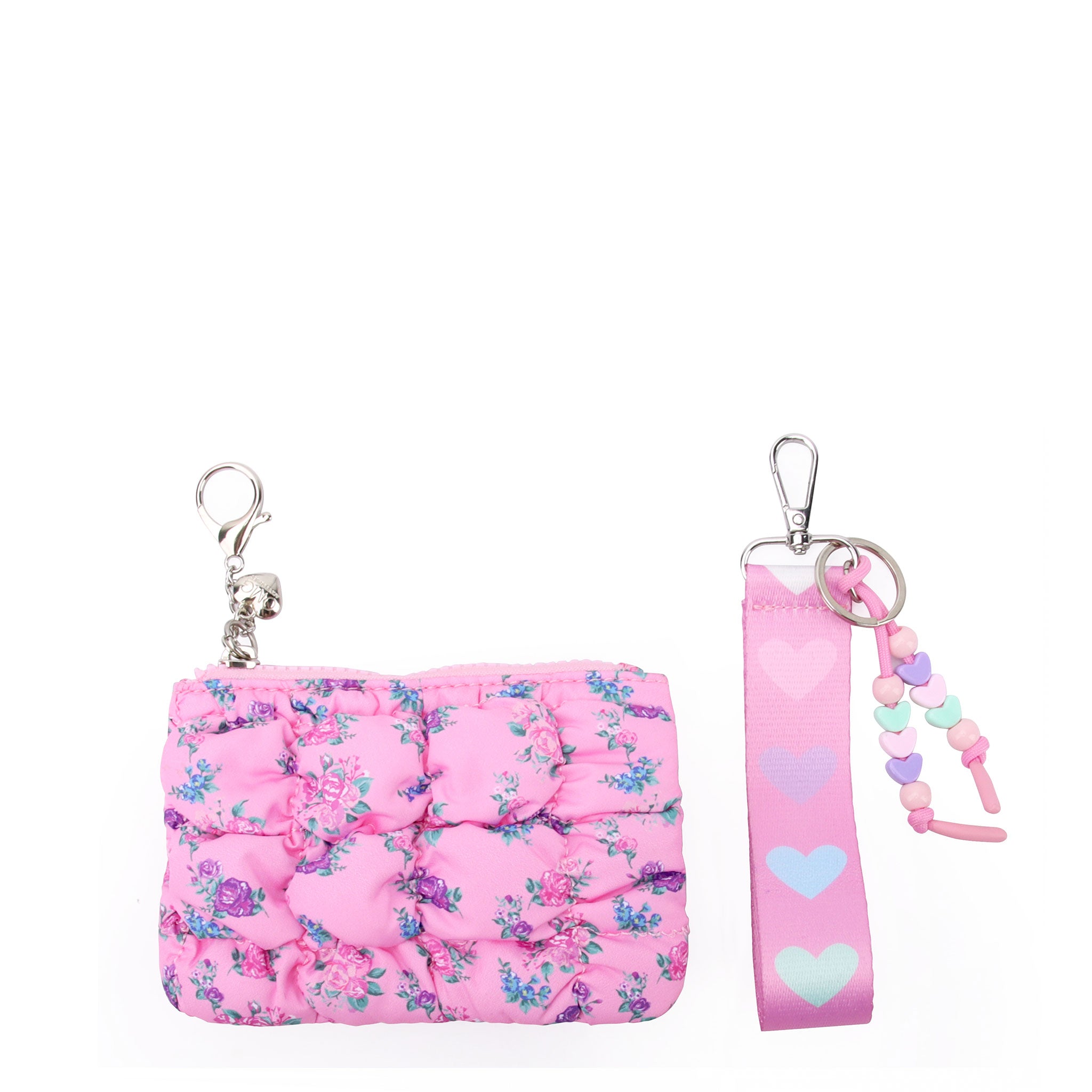 pink floral printed quilted bag charm with detachable wristlet strap