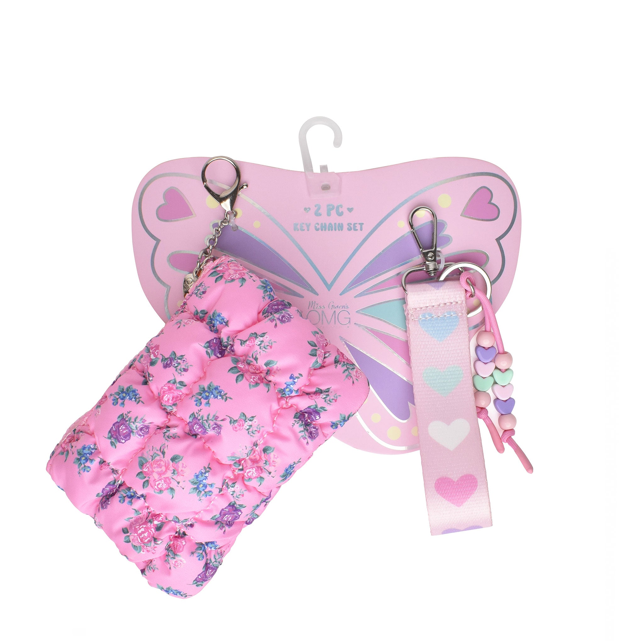 pink floral printed quilted bag charm with detachable wristlet strap