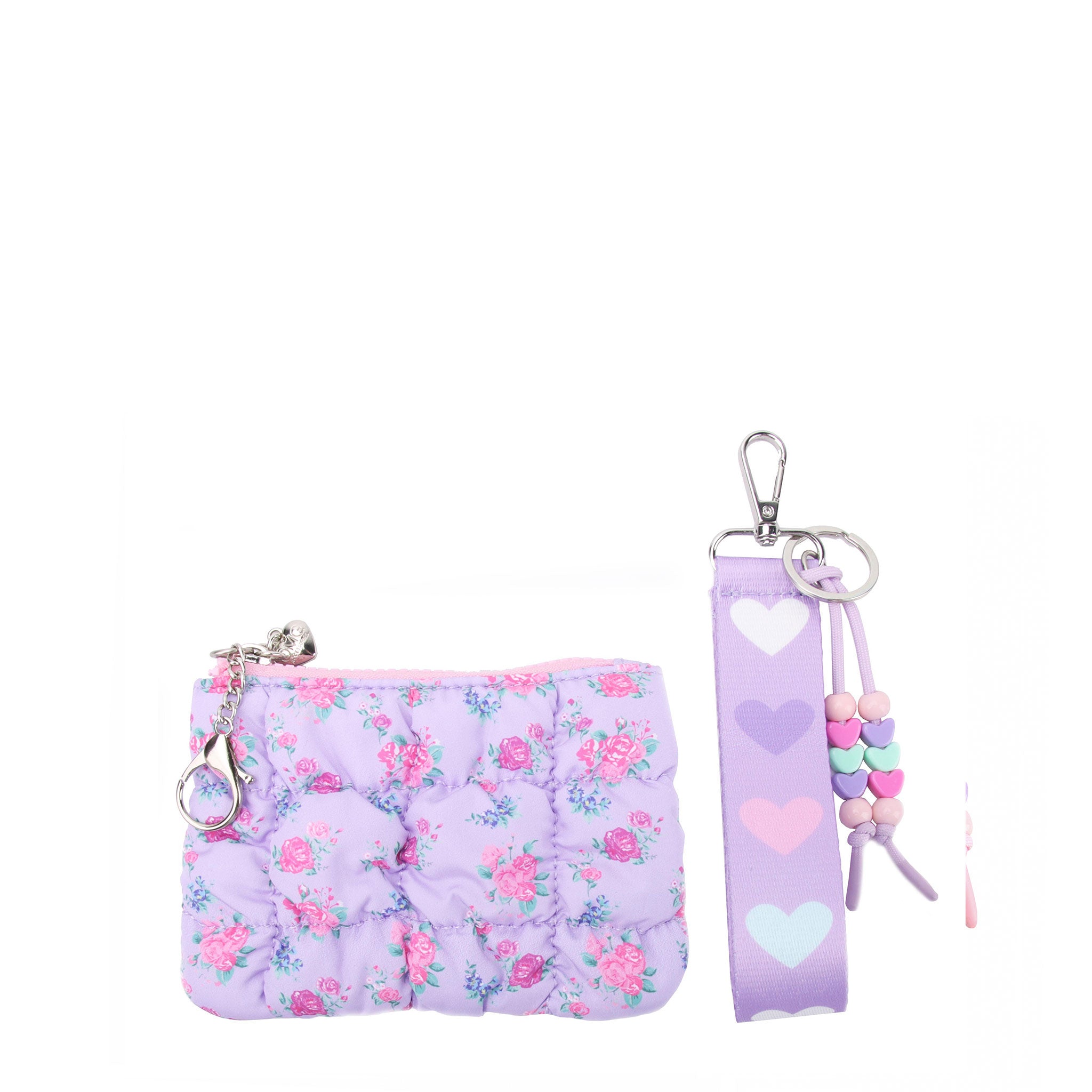 purple floral printed quilted bag charm with a detachable wristlet strap
