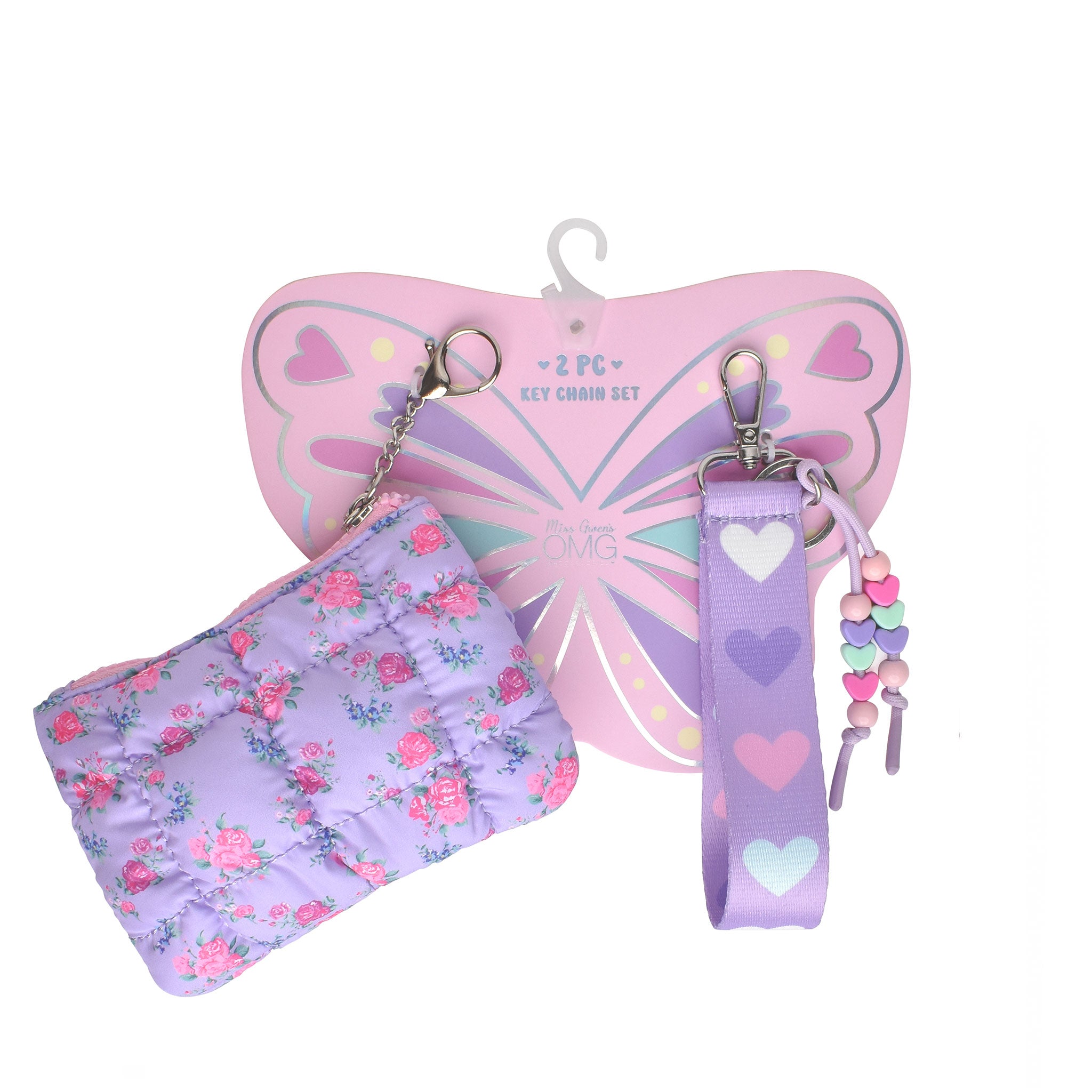 purple floral printed quilted bag charm with a detachable wristlet strap