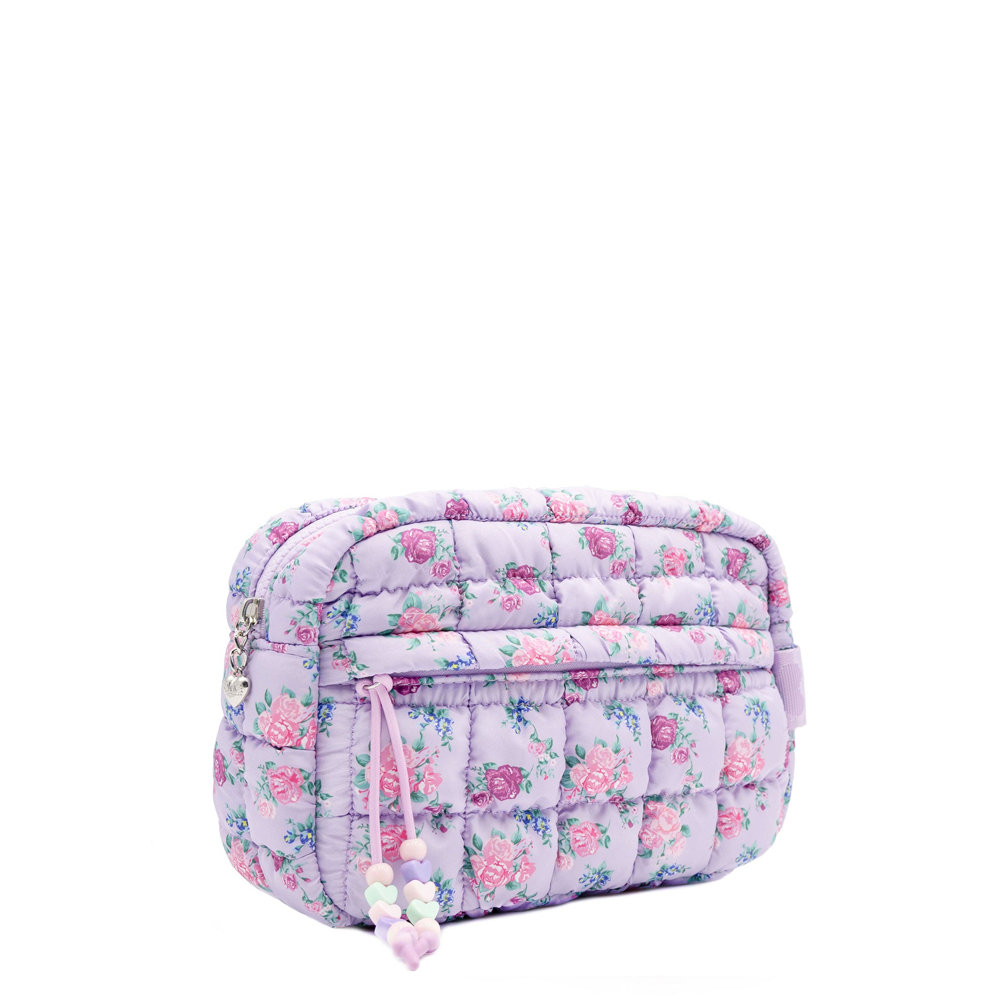 3/4  facing view of a purple quilted nylon scrunch pouch with a printed floral pattern and front beaded zipper closure pocket