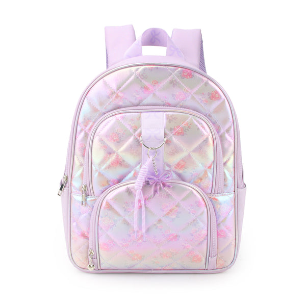 Metallic Floral Print Quilted Large Backpack with Charm 