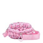 front view of a pink floral print nylon quilted mini crossbody bag with drawstring closure and a heart strap