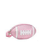 side view of a rhinestone covered pink football shaped crossbody bag
