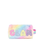 Front view of tie dye plush cylinder pouch with glitter bubble letters 'GLAM' appliqué.