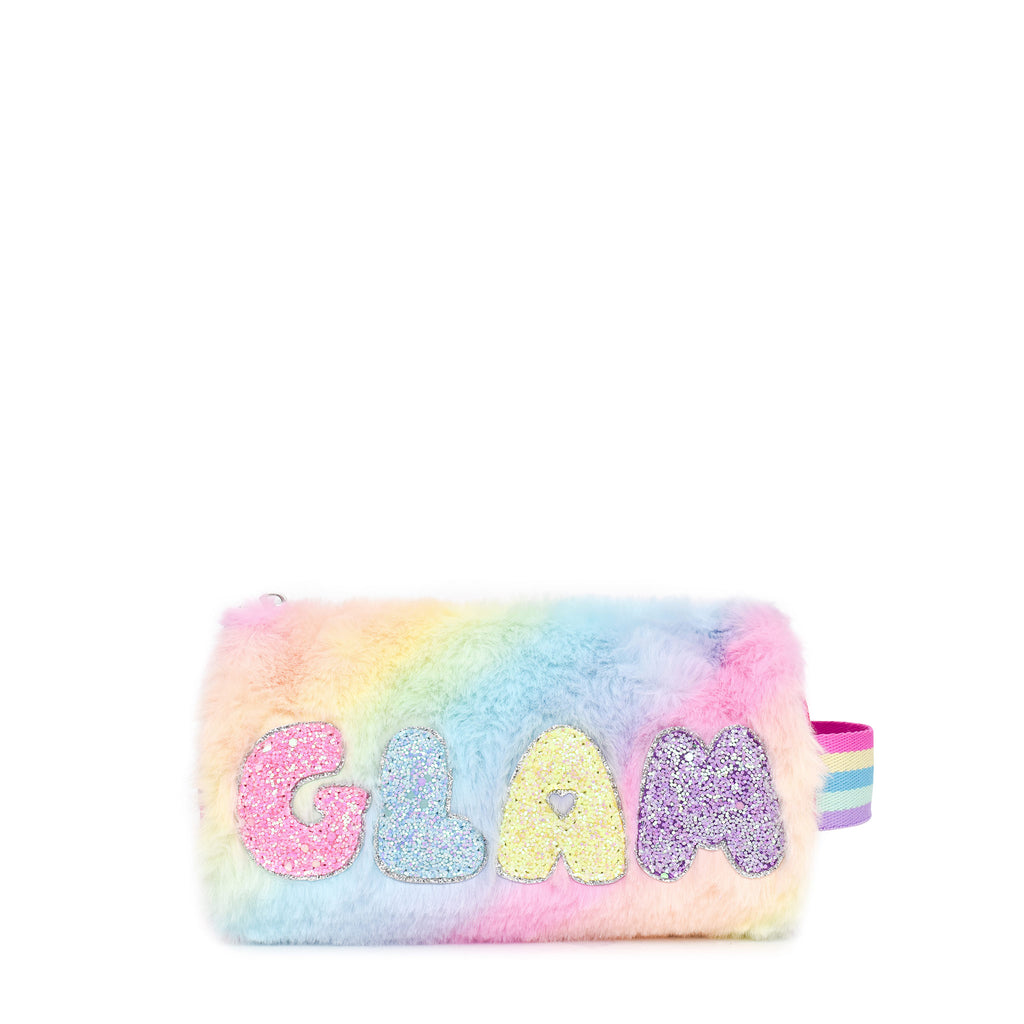 Front view of tie dye plush cylinder pouch with glitter bubble letters 'GLAM' appliqué.