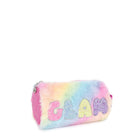 Side view of tie dye plush cylinder pouch with glitter bubble letters 'GLAM' appliqué.