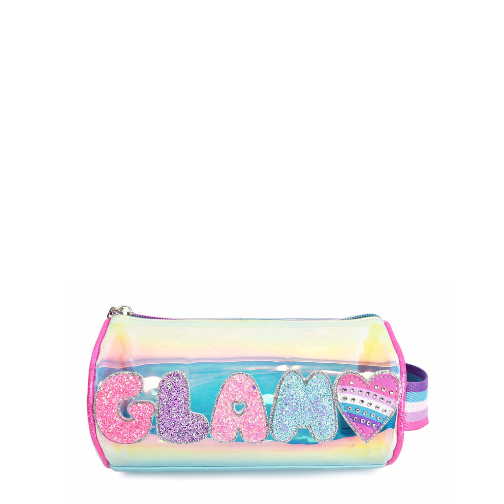 Front view of a glazed tube pouch with glitter bubble letters 'GLAM' and a rhinestone heart appliqué 