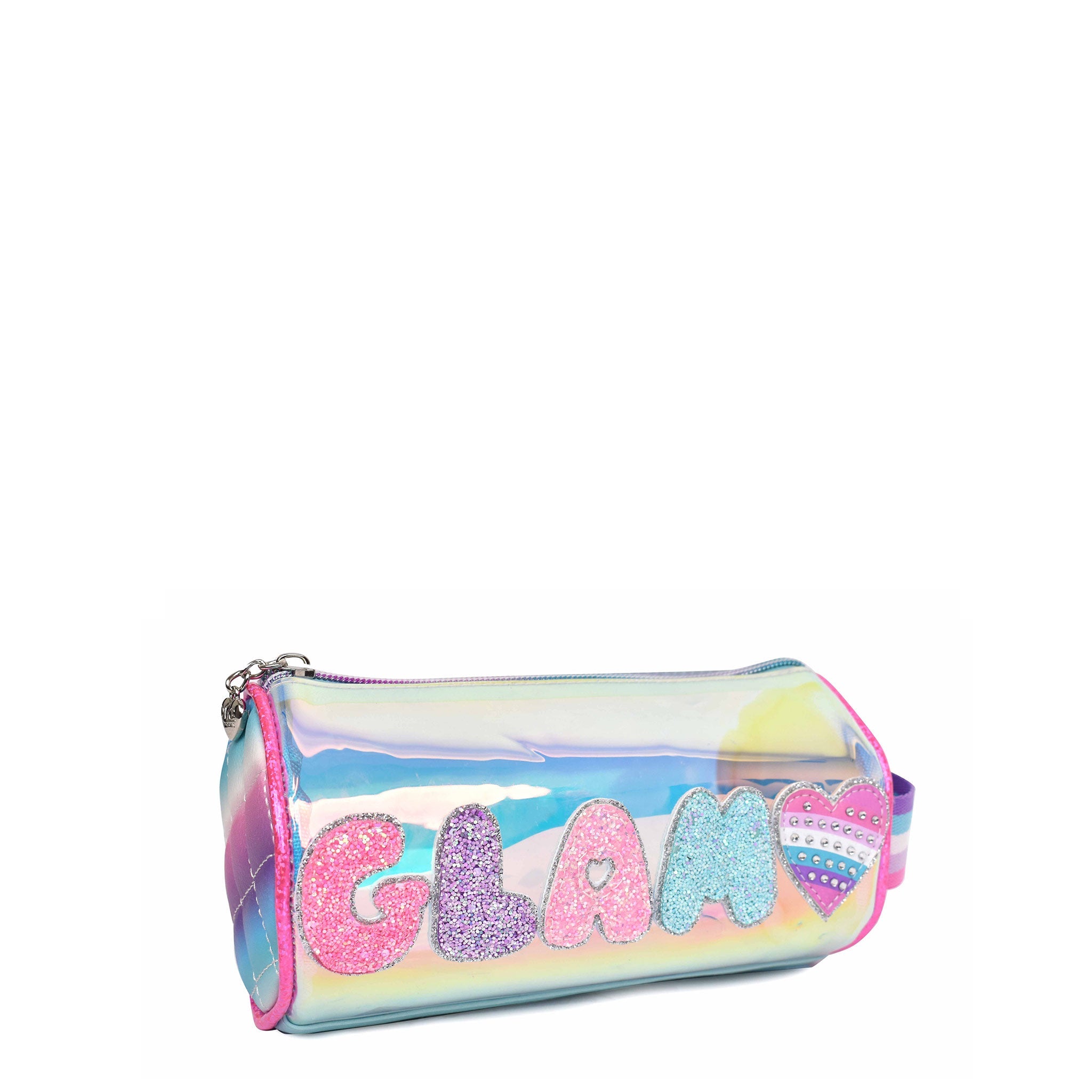 Side  view of a glazed tube pouch with glitter bubble letters 'GLAM' and a rhinestone heart appliqué