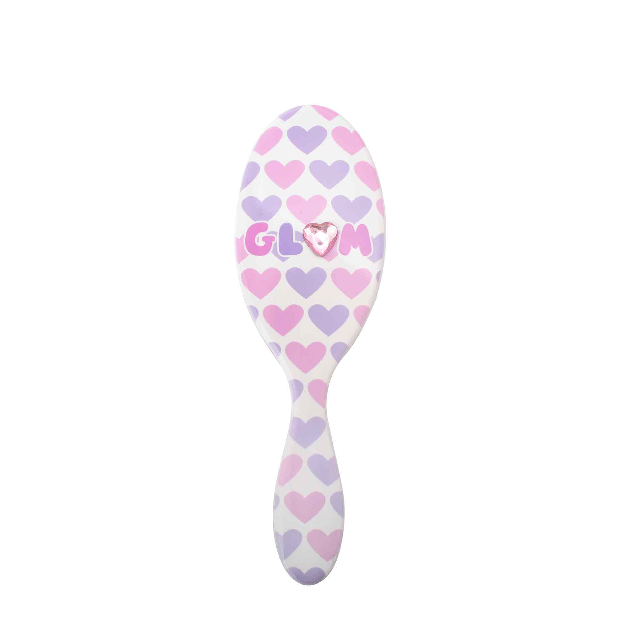 Front view of 'Glam' heart-printed round hairbrush