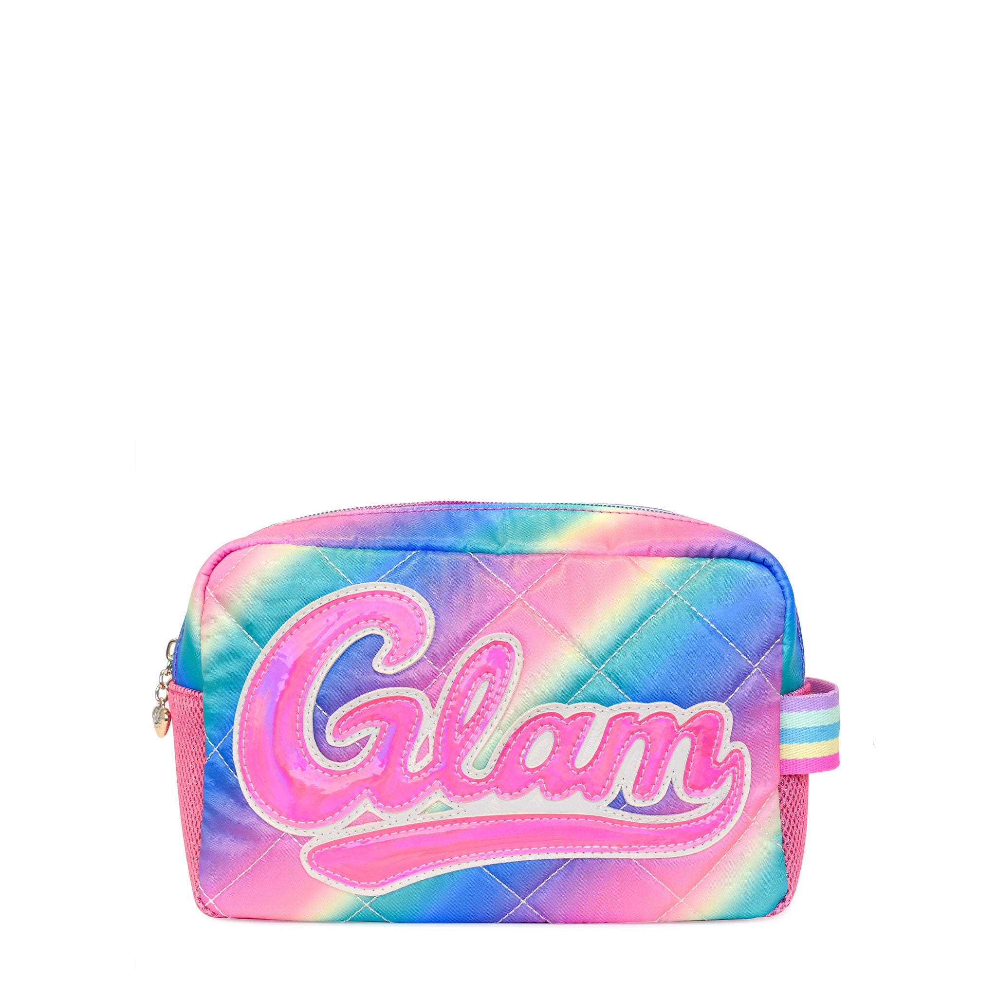 Front view of an ombre quilted nylon pouch with retro script letters 'GLAM' applique
