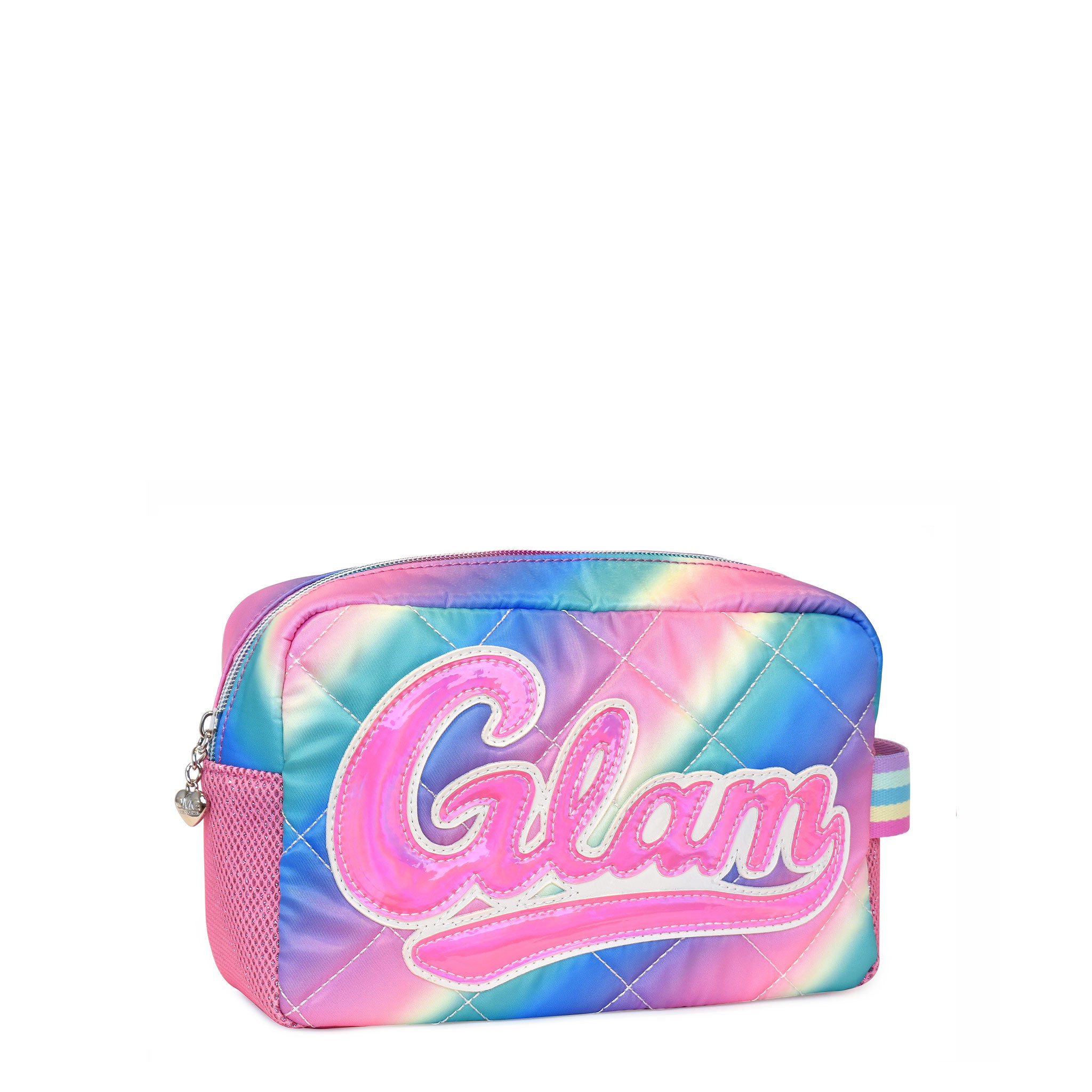Side view of an ombre quilted nylon pouch with retro script letters 'GLAM' applique