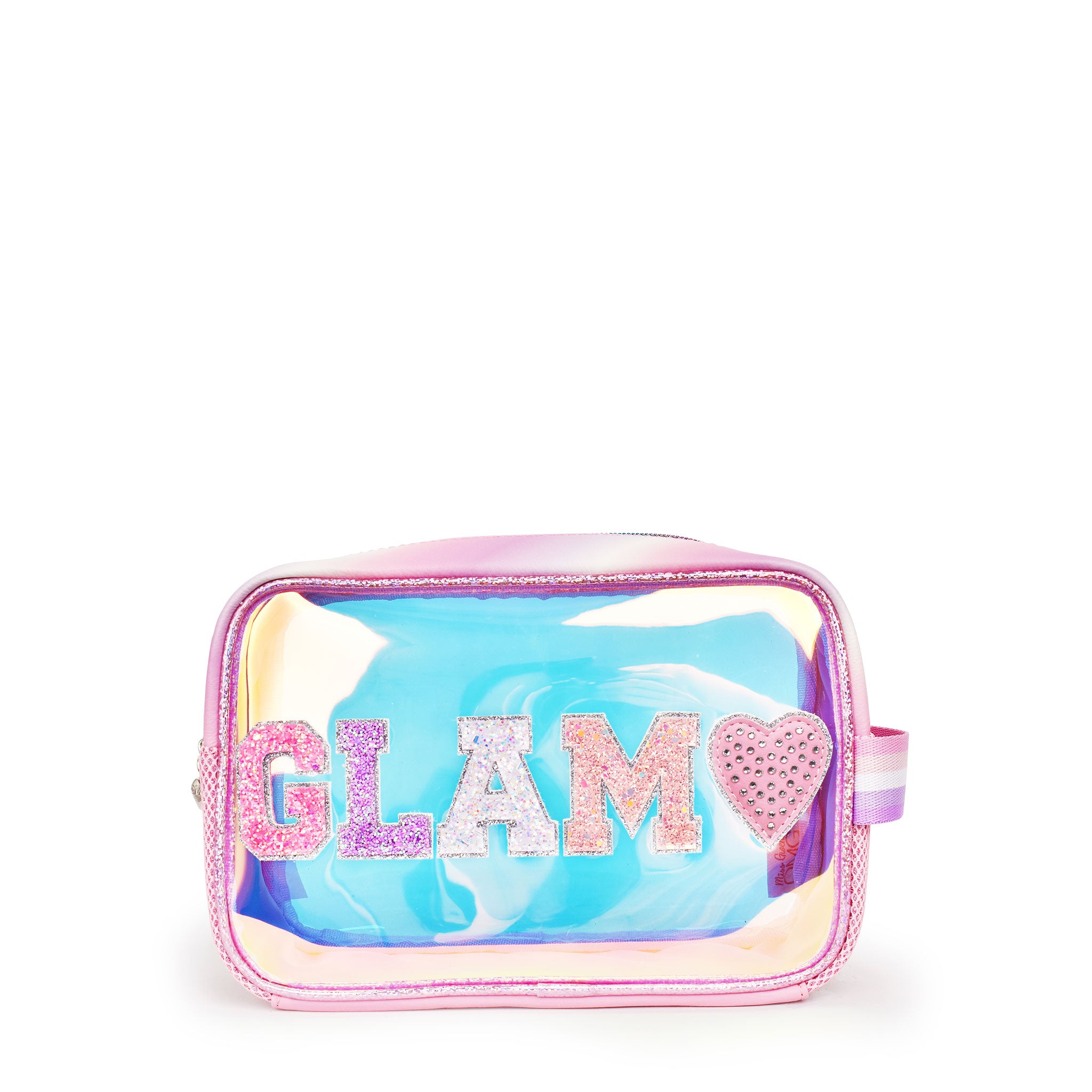 front view of a glazed clear pouch with varsity lettering 'glam' appliqués & a rhinestone heart patch