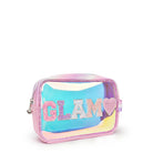 side view of a glazed clear pouch with varsity lettering 'glam' appliqués & a rhinestone heart patch