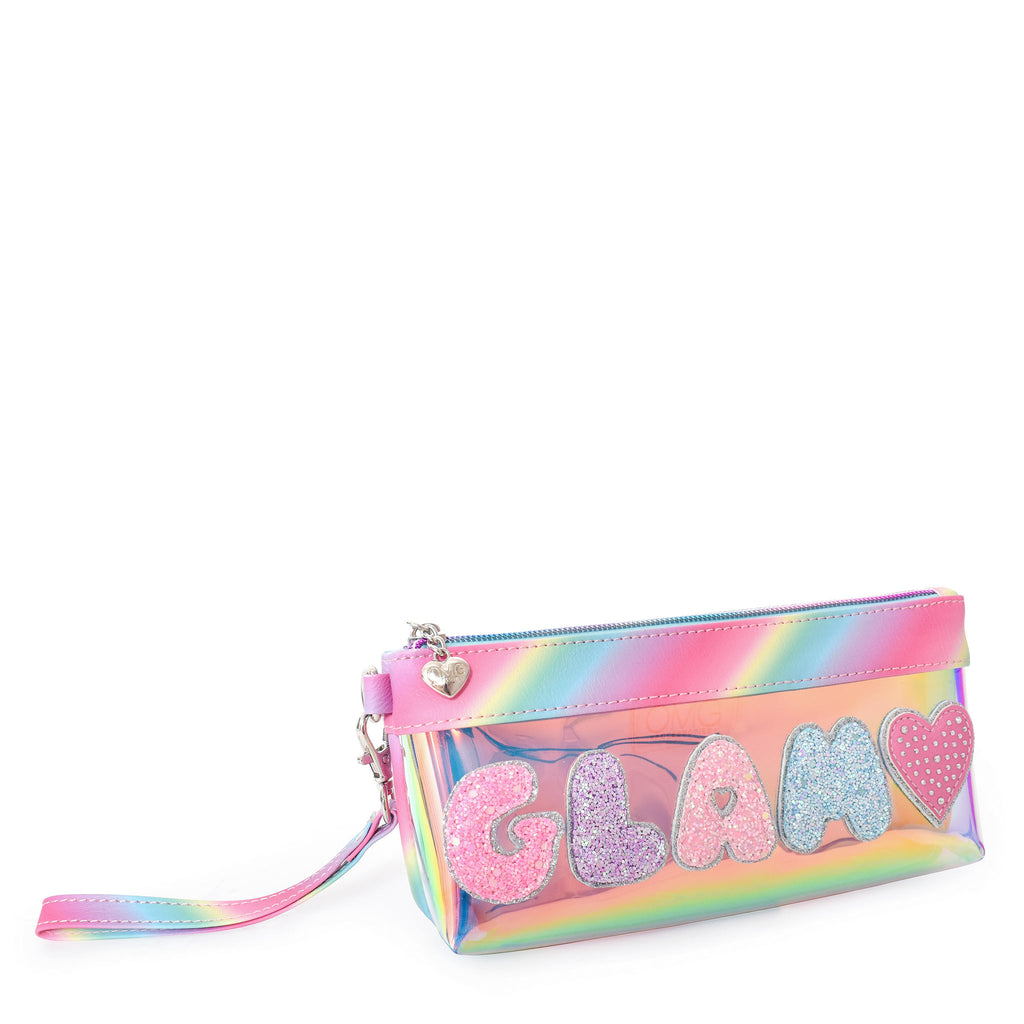Side view of clear glazed ombre 'Glam' wristlet with glitter bubble-letter patches