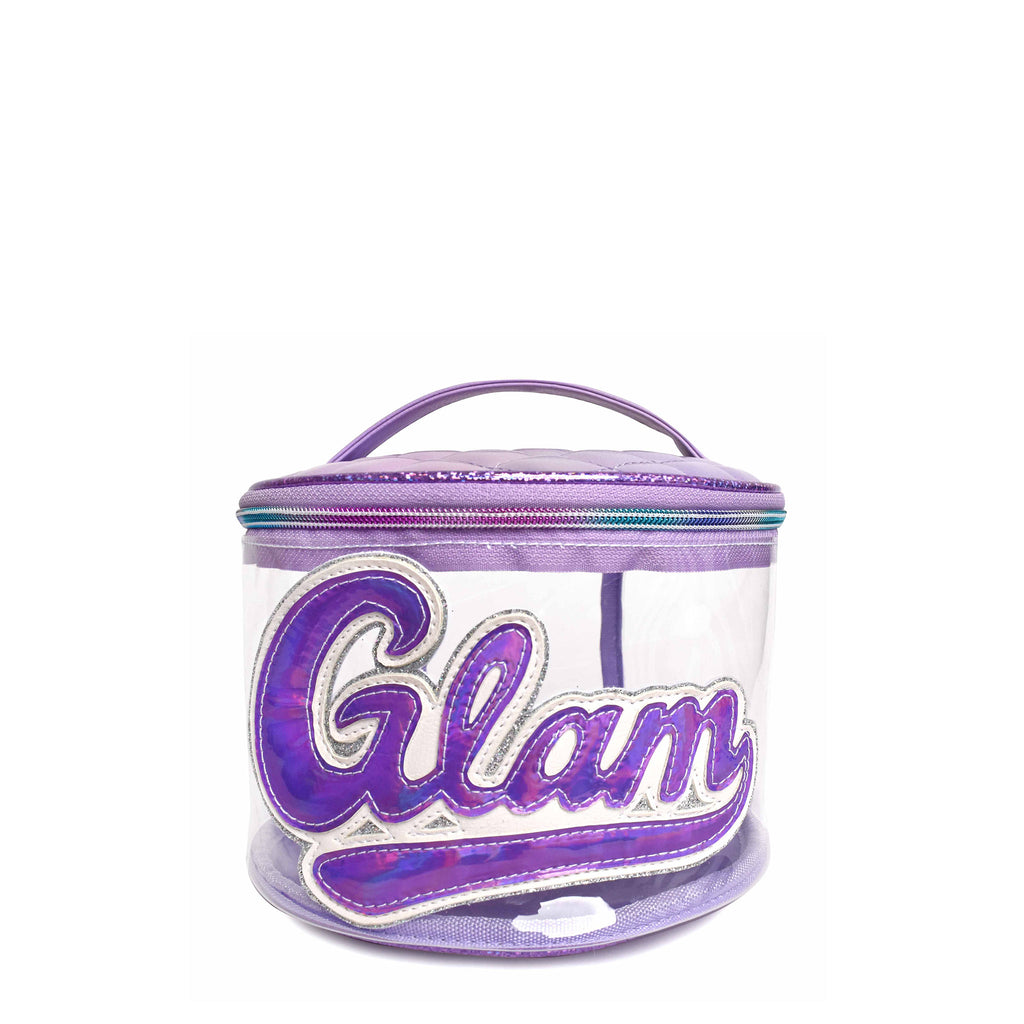 Front view of clear round purple glam bag with retro-inspired 'Glam' patch