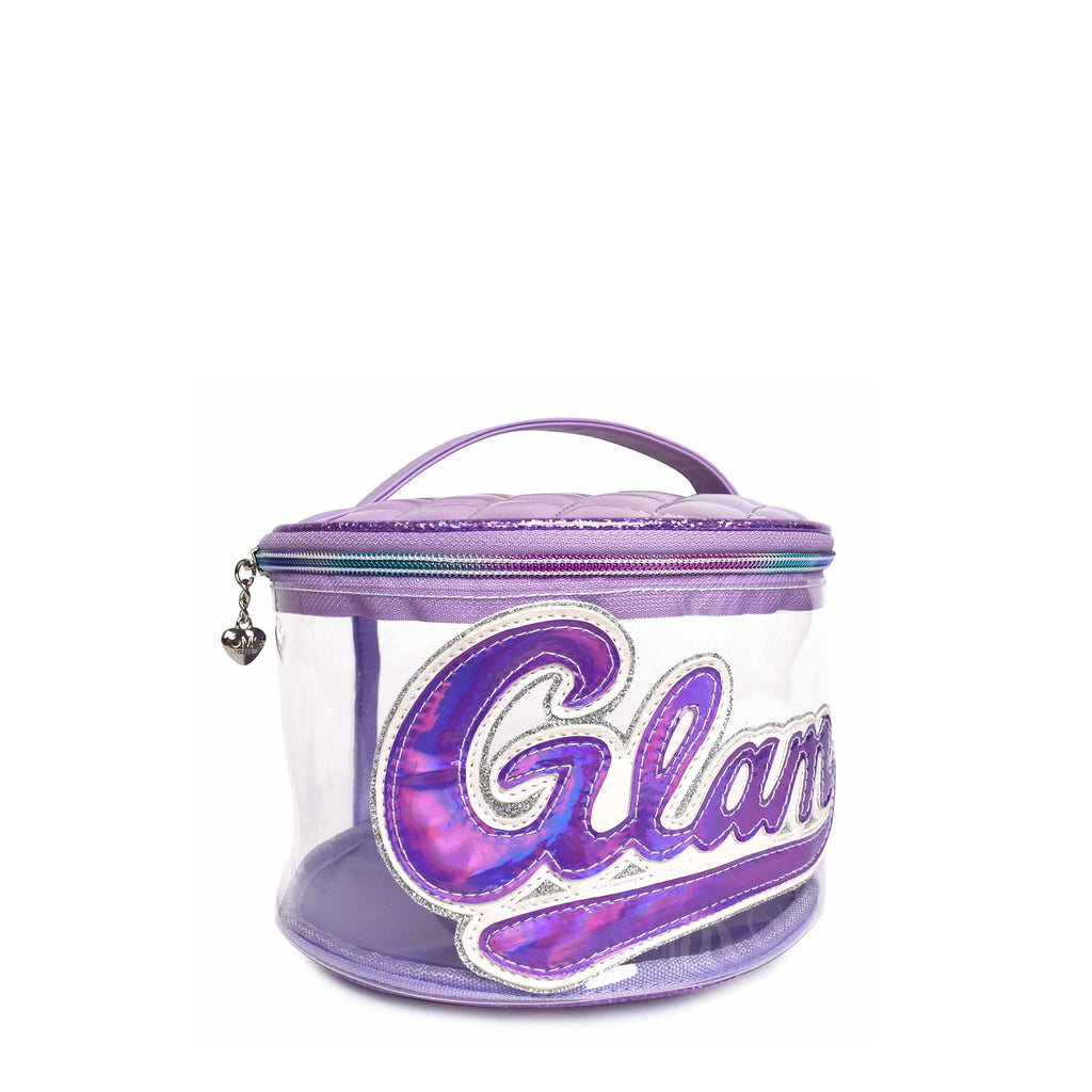 Side view of clear round purple glam bag with retro-inspired 'Glam' patch
