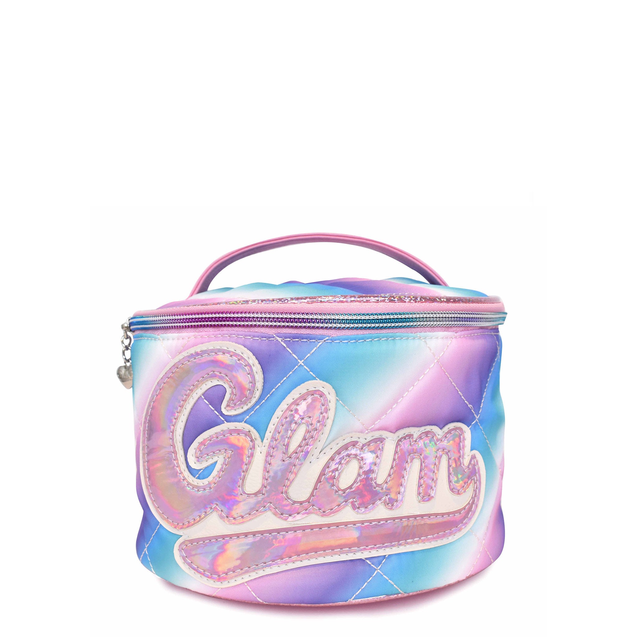 Front view of a cool toned pastel ombre round glam bag with a pink metallic retro script letters 'GLAM' applique