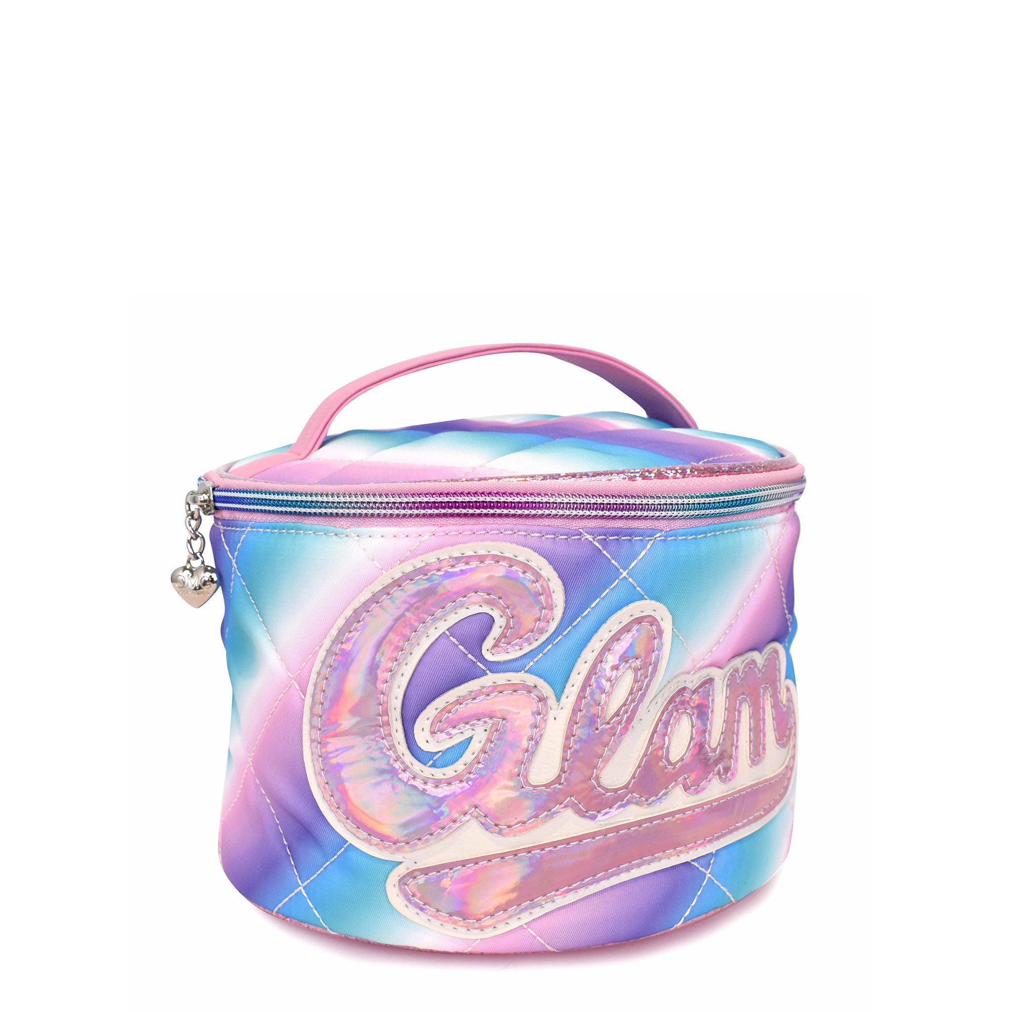 Side view of a cool toned pastel ombre round glam bag  with a pink metallic retro script letters 'GLAM' applique