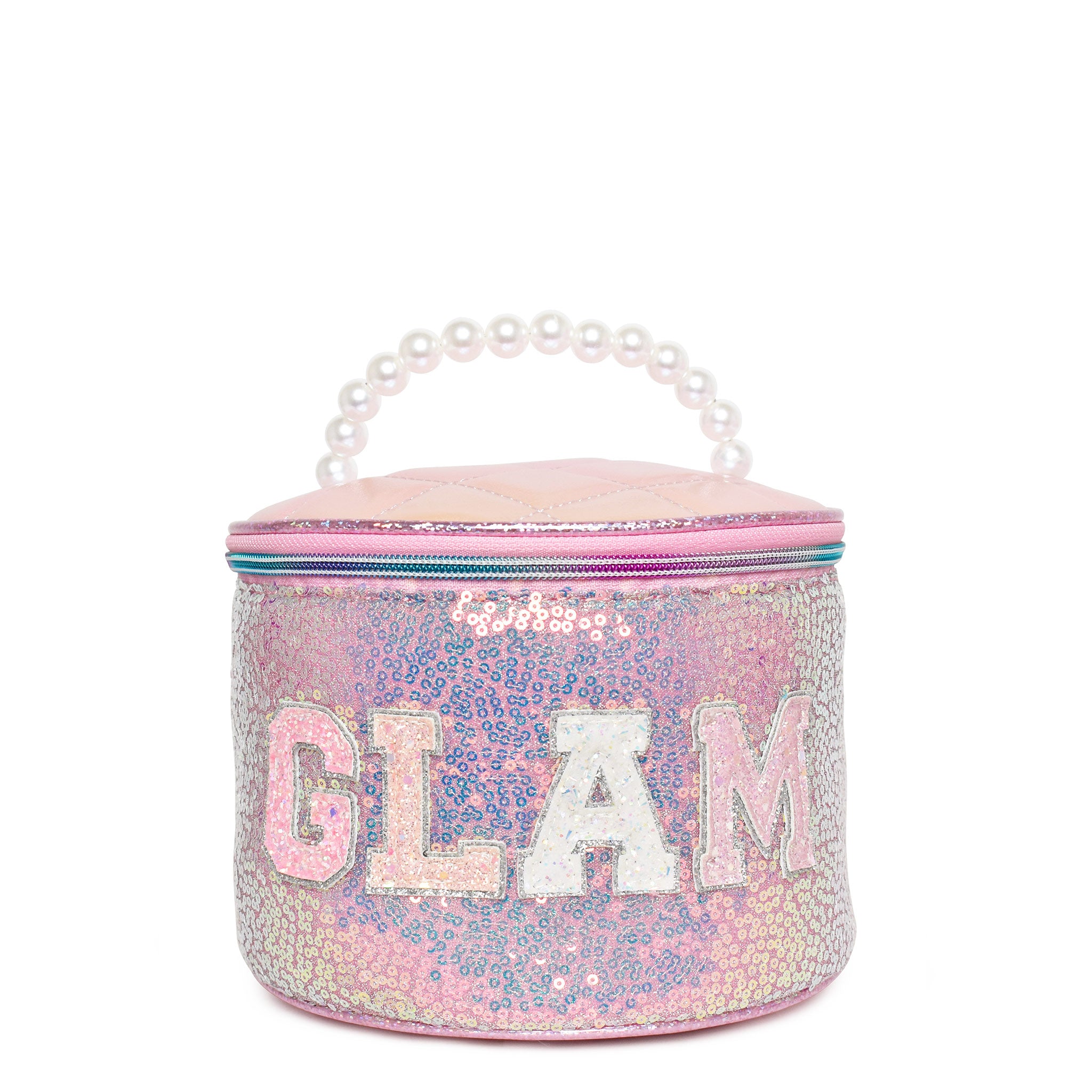 front view of a sequin rounded glam bag with varsity lettering 'glam' and a pearl top handle