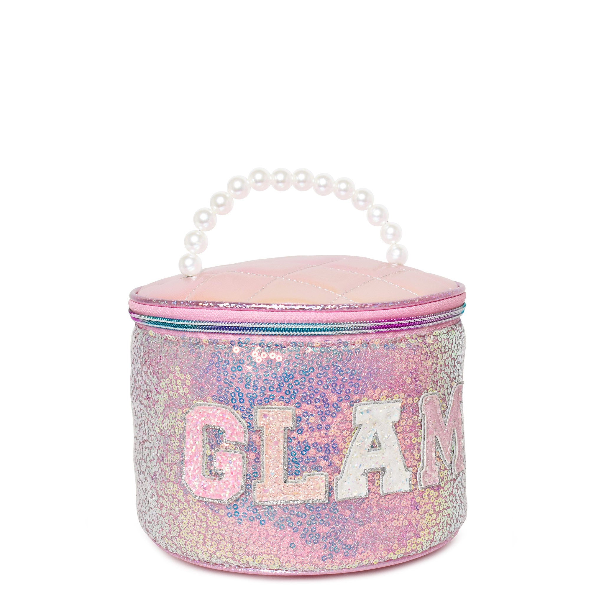 side view of a sequin rounded glam bag with varsity lettering 'glam' and a pearl top handle