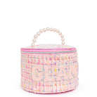 side view of a pink tweed rounded glam bag with a pearl top handle and varsity lettering 'glam' appliqué 