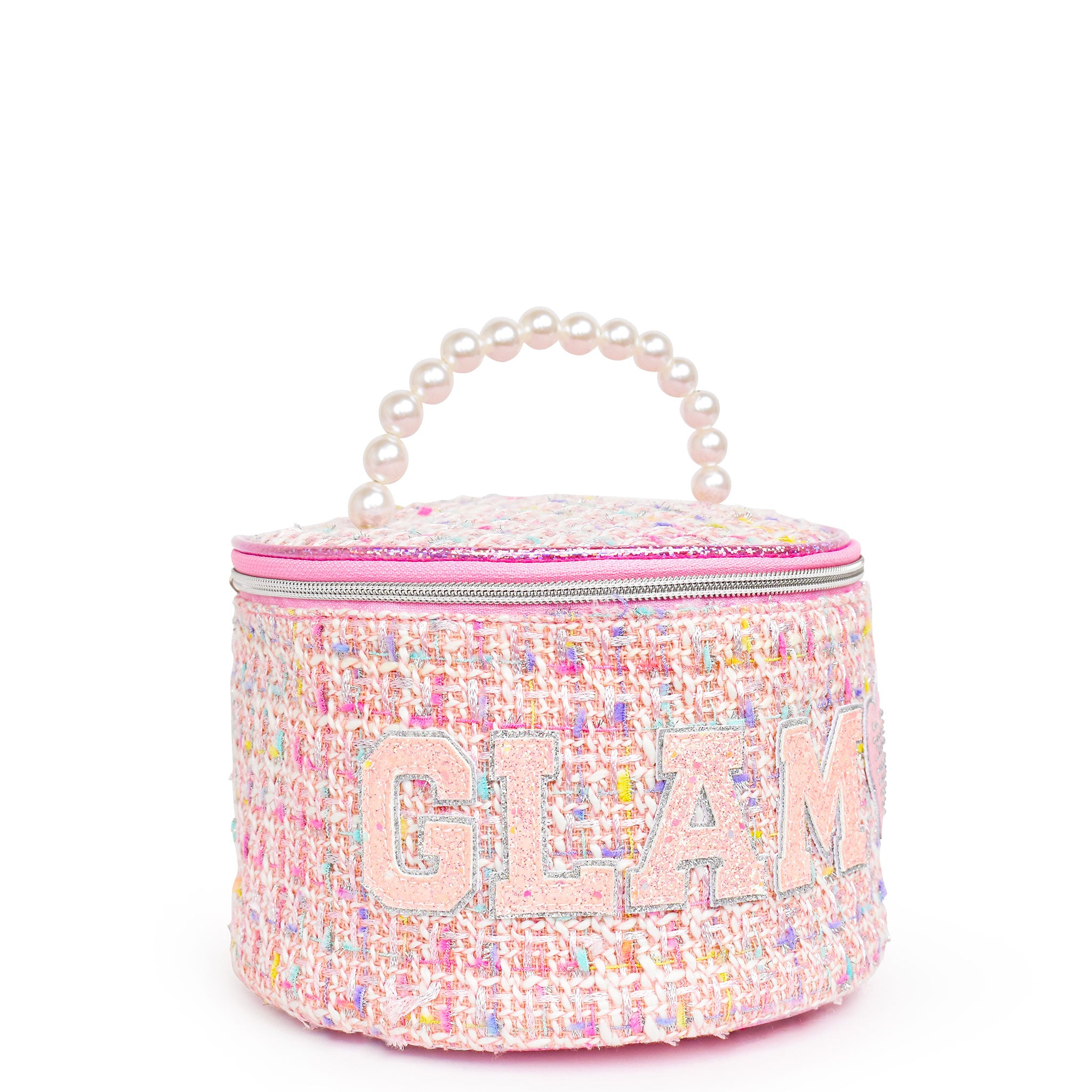 side view of a pink tweed rounded glam bag with a pearl top handle and varsity lettering 'glam' appliqué 