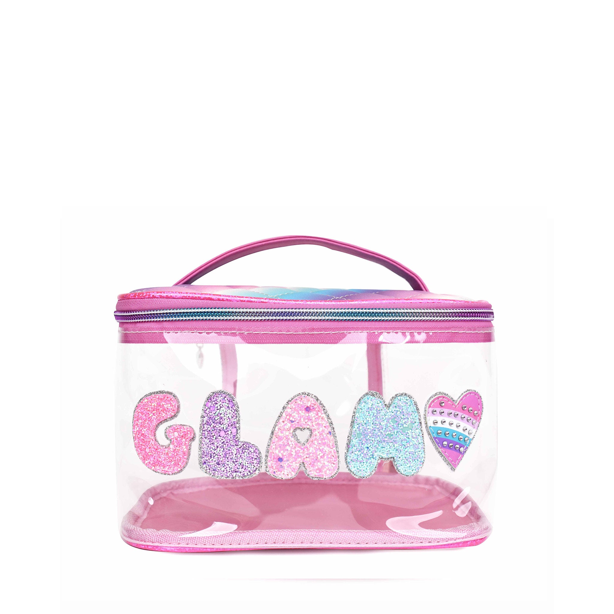 Front view of a clear train case with glitter bubble letters 'GLAM' and rhinestone heart appliqué 