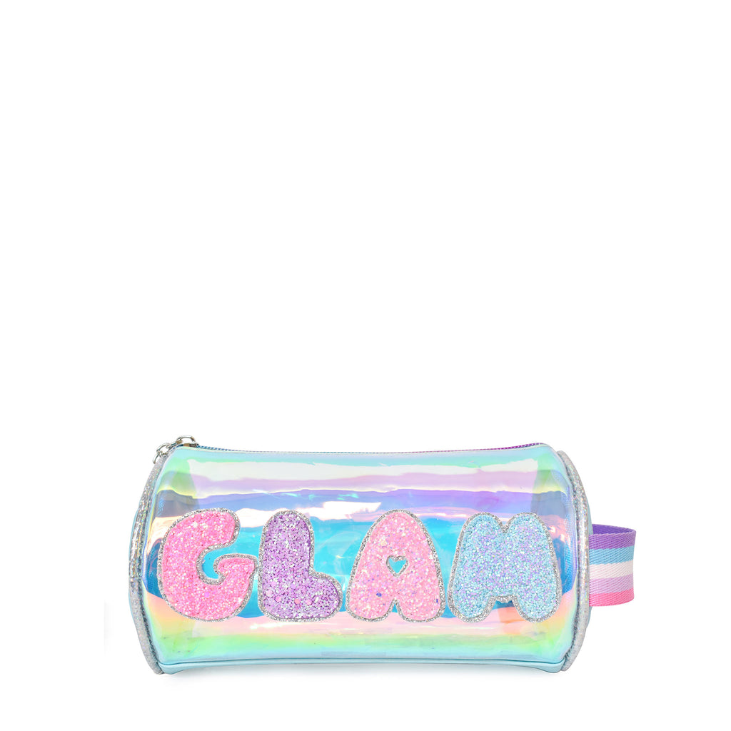 Front view of blue glazed 'Glam' beauty tube case with glitter bubble-letter patches