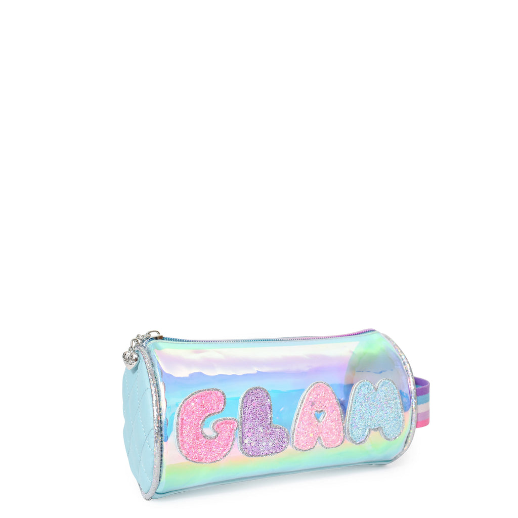 Side view of blue glazed 'Glam' beauty tube case with glitter bubble-letter patches
