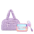 Gift Set of lavender quilted scrunchies medium duffle bag, clear glazed 'Glam' pouch and 'Love' Ombre Heart Printed Hairbrush. Perfect for the girls on the go!&nbsp;