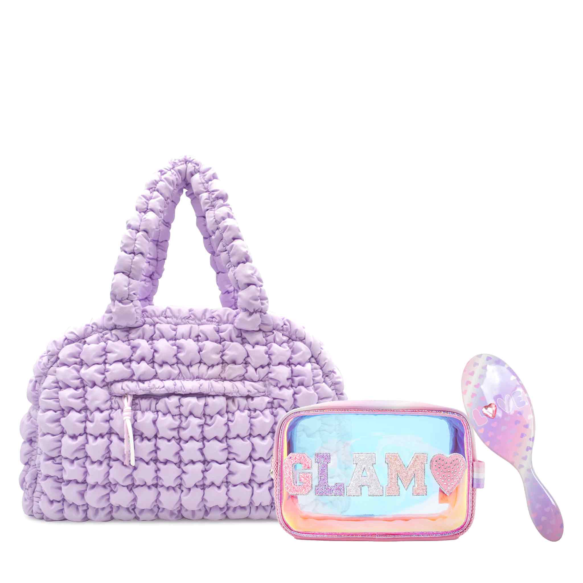 Gift Set of lavender quilted scrunchies medium duffle bag, clear glazed 'Glam' pouch and 'Love' Ombre Heart Printed Hairbrush. Perfect for the girls on the go!&nbsp;