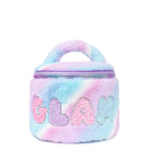 front view of an ombre plush rounded glam bag with glitter bubble letters 'GLAM' applique 