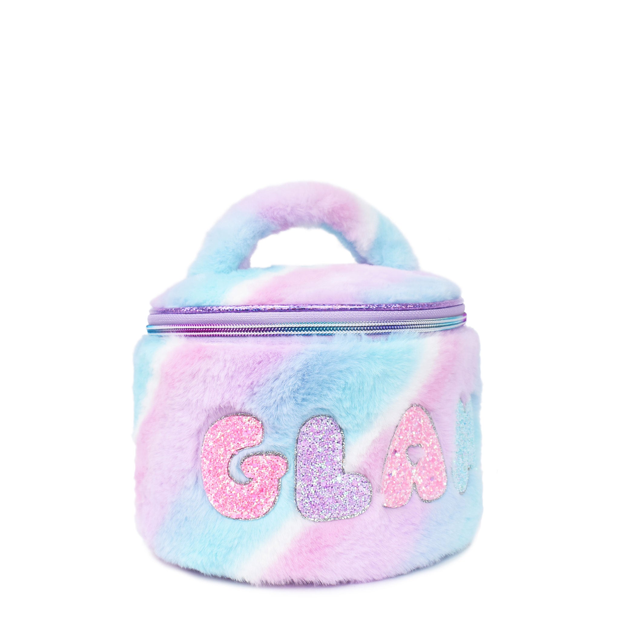 side view of an ombre plush rounded glam bag with glitter bubble letters 'GLAM' applique 