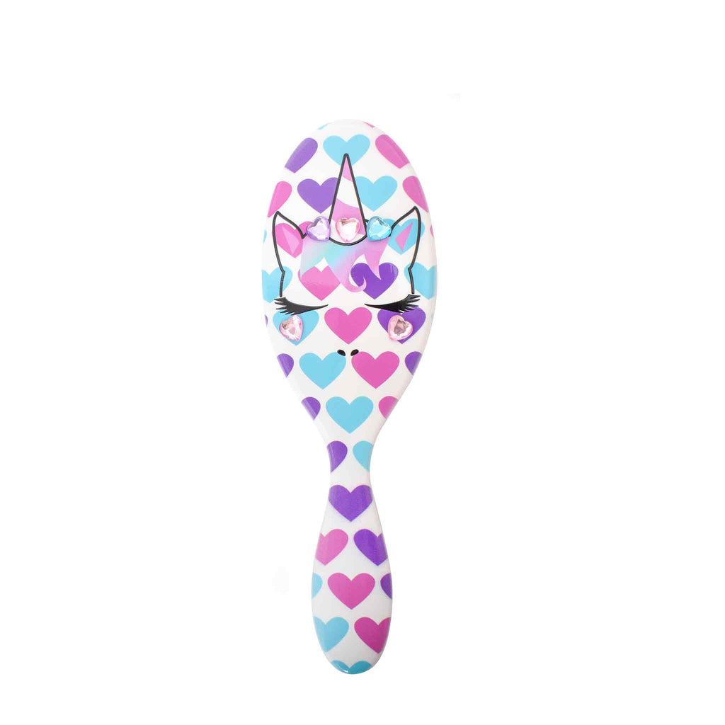 Front view of Miss Gwen unicorn heart-printed round hairbrush