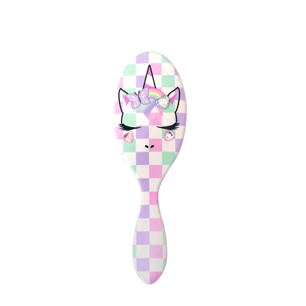 Front view of Miss Gwen unicorn checkerboard-printed round hairbrush