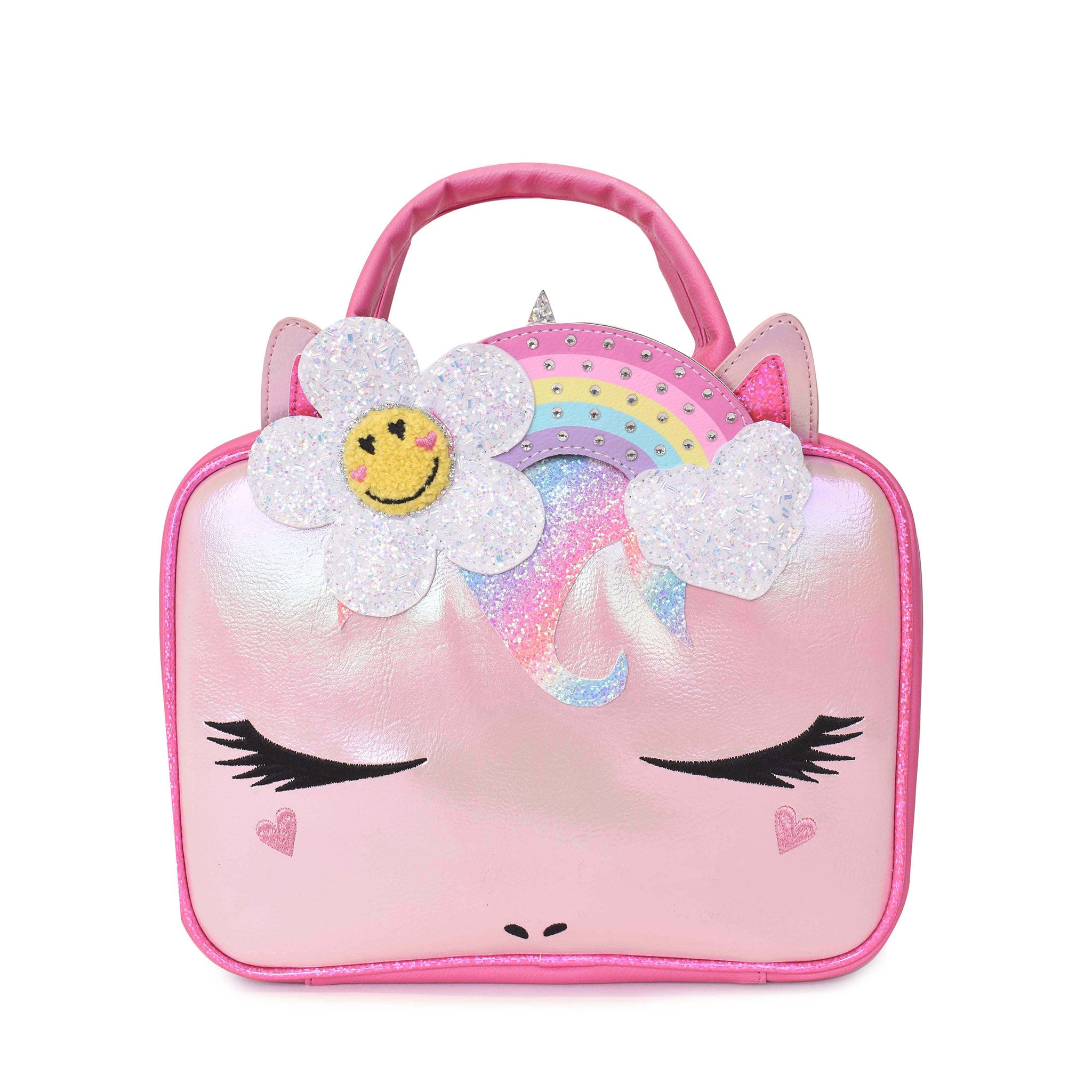 Front view of a unicorn face, pink metallic rectangular lunch bag with a daisy & rainbow crown applique