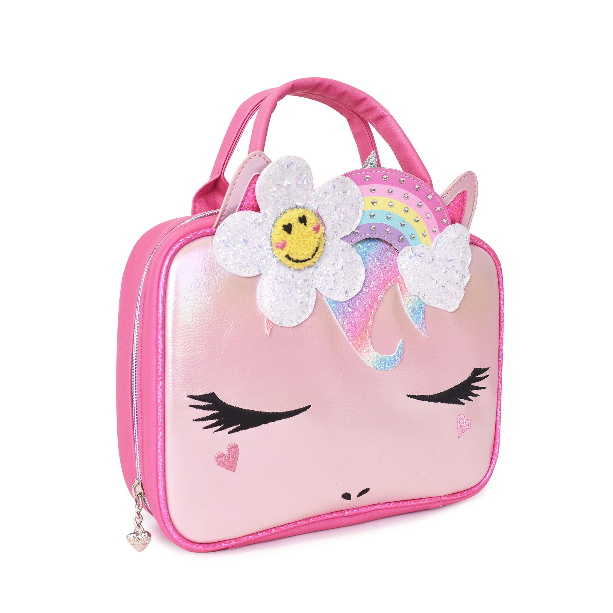Side view of a unicorn face, pink metallic rectangular lunch bag with a daisy & rainbow crown applique