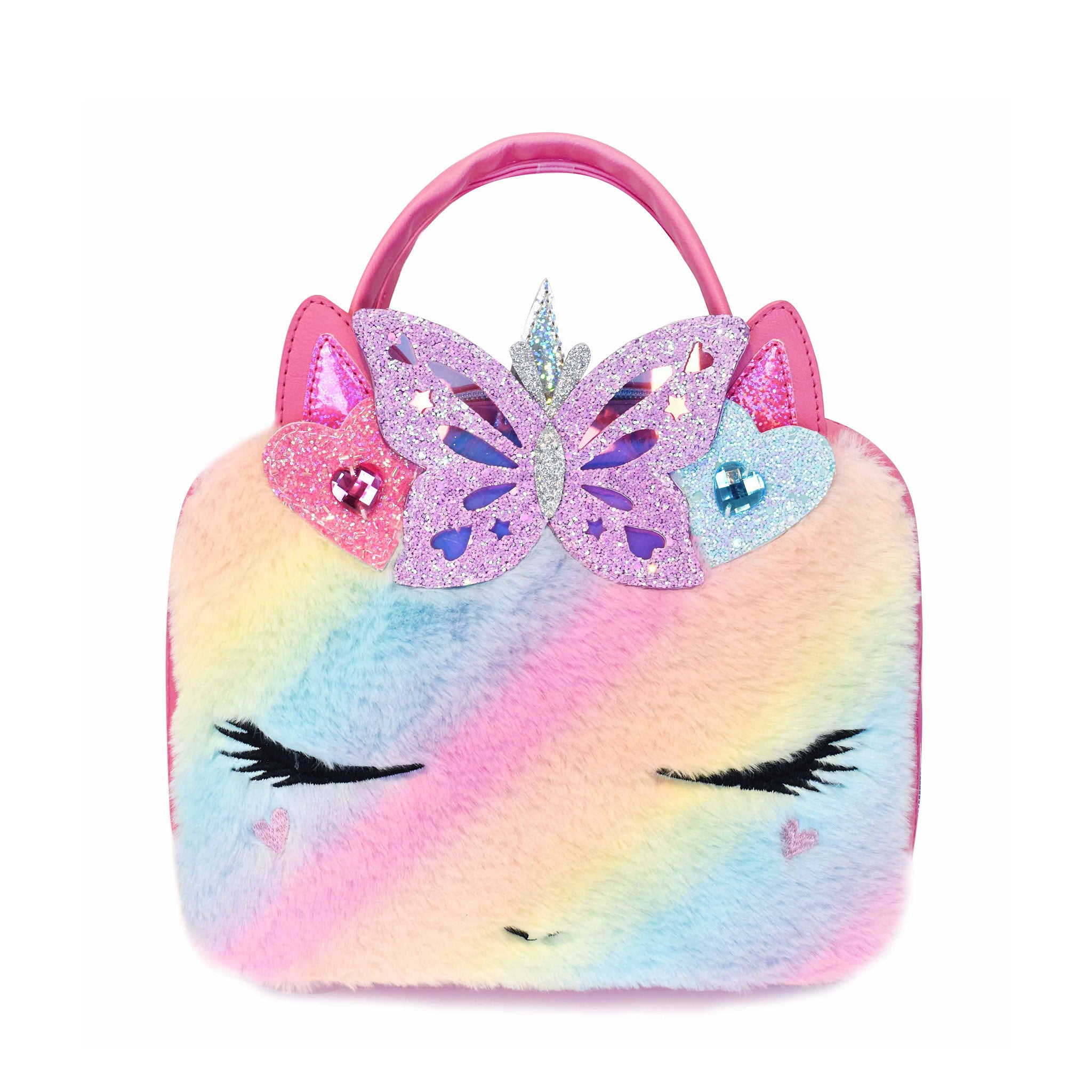 Front view of a unicorn face rectangular lunch bag in an ombre plush with a glitter heart crown applique