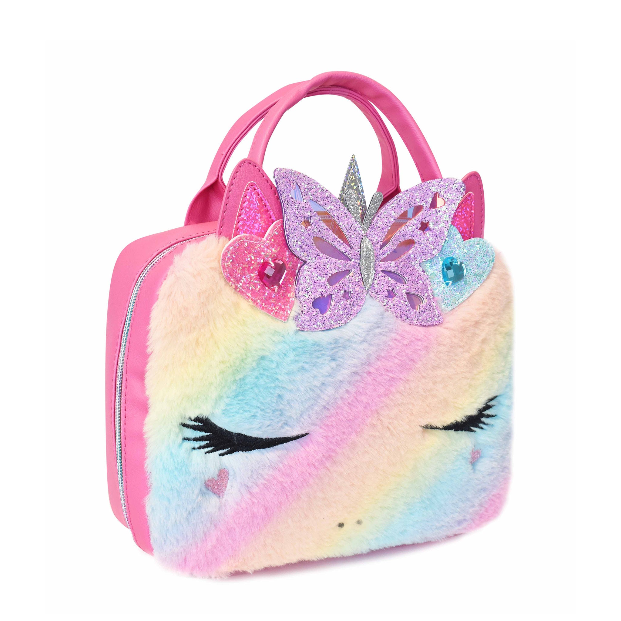 Side view of a unicorn face rectangular lunch bag in an ombre plush with a glitter heart crown applique