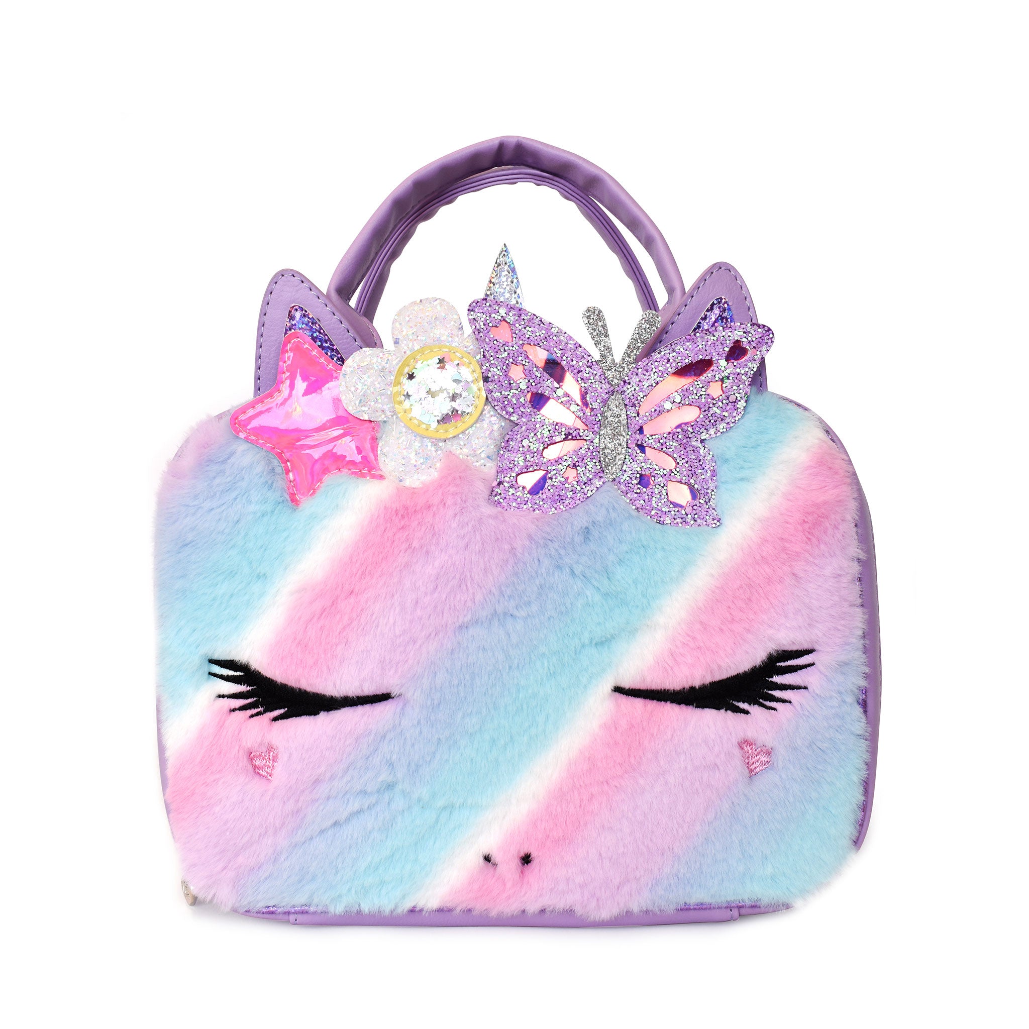 Front view of a unicorn face rectangular lunch bag in a cool pastel ombre plush with a glitter daisy butterfly crown