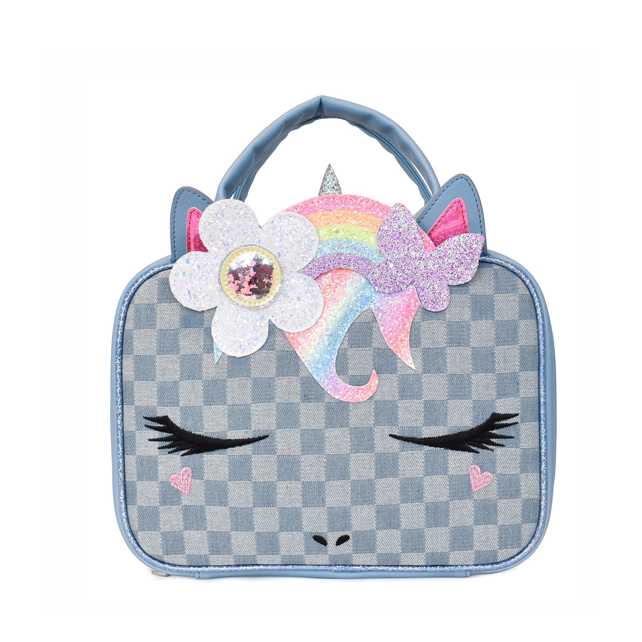 Front view of a unicorn face denim checkerboard print lunch bag with a daisy rainbow crown applique
