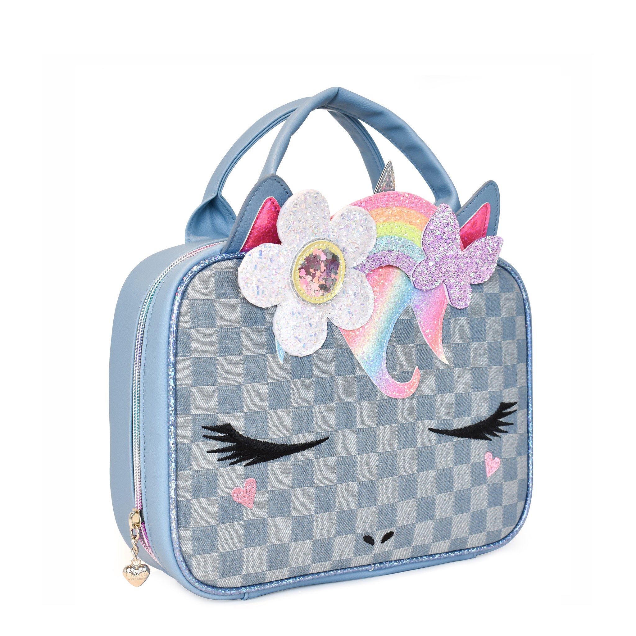 Side view of a unicorn face denim checkerboard print lunch bag with a daisy rainbow crown applique