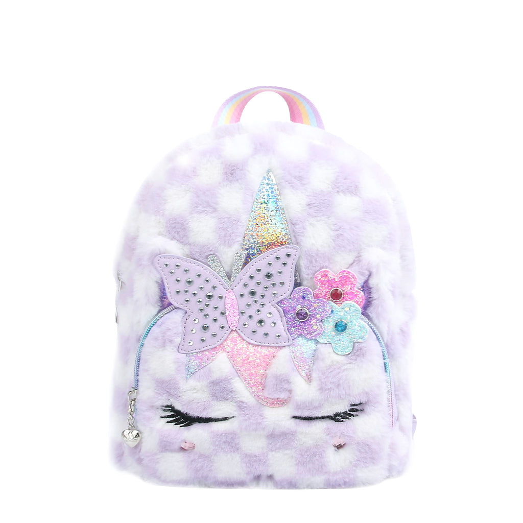 Front view of lavender and white checkerboard plush unicorn mini backpack with rhinestone butterfly appliqué