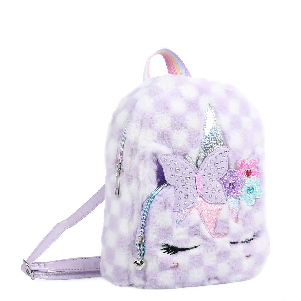 Side view of lavender and white checkerboard plush unicorn mini backpack with rhinestone butterfly appliqué