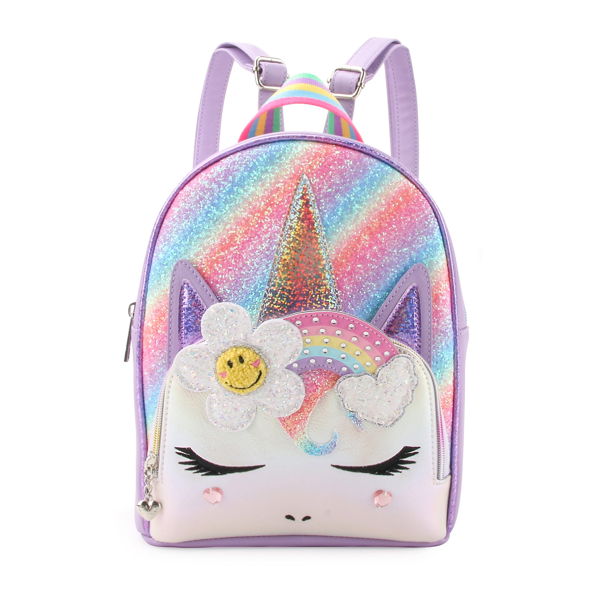 Front  view of purple glitter, unicorn face mini backpack with glitter rainbow and smiley face flower appliqués