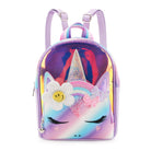 Front view of a ombre & glazed unicorn mini backpack with a glitter rainbow & daisy embellishment 