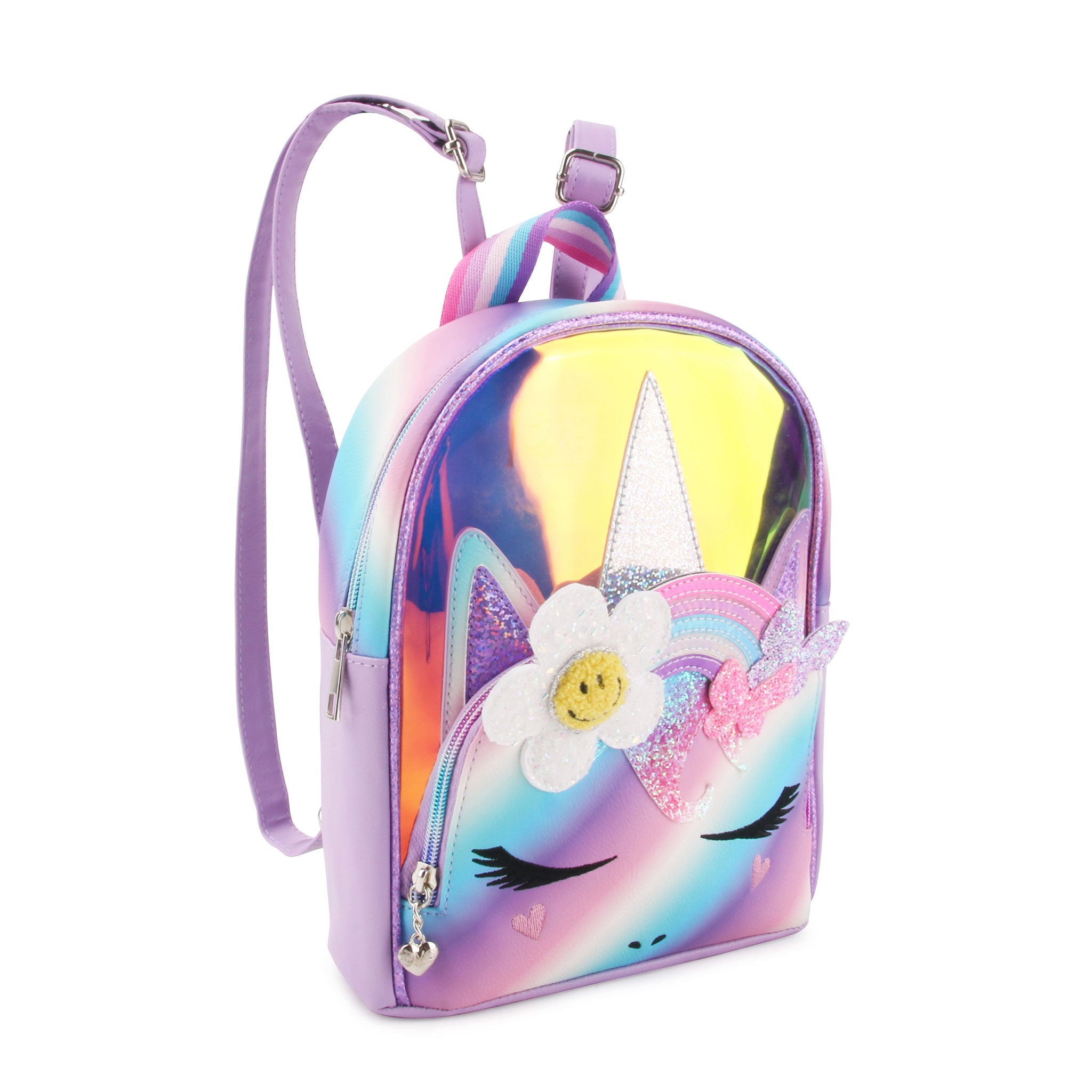 Side view of a ombre & glazed unicorn mini backpack with a glitter rainbow & daisy embellishment